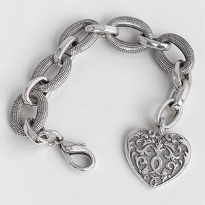 Brighton Cordoba Chunky Heart Charm Bracelet Textured Chain Links 8 Inch
